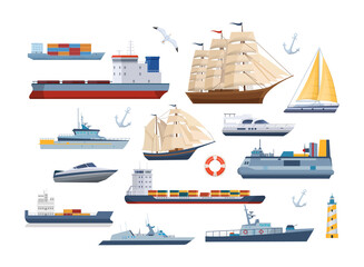 Big set of maritime ships at sea, shipping boats © Idey