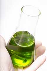 Flask for chemical experiments with green liquid in hand