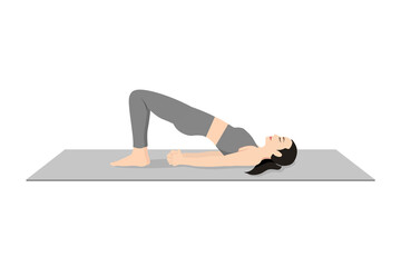 Bridge Pose Variation Bound Hands, Beautiful girl practice Setubandha Sarvangasana Variation Baddha Hasta. Young attractive woman practicing yoga exercise. working out, black wearing sportswear, grey 