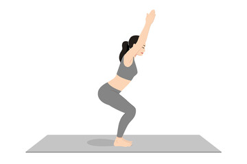 Chair Pose, Fierce Pose, Beautiful girl practice Utkatasana. Young attractive woman practicing yoga exercise. working out, black wearing sportswear, grey pants and top, indoor full length, calmness