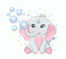 The pink baby elephant is blowing bubbles. Hand drawing in vector. Children's illustration.
