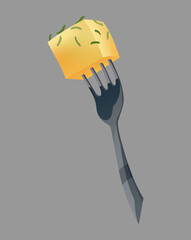 Potato snack. Food product. Icon for fast food menu. Cube of cooked potatoes on a fork, dishes from root crop. Vegetable vector design