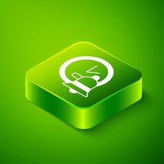 Isometric Alarm clock icon isolated on green background. Wake up, get up concept. Time sign. Green square button. Vector