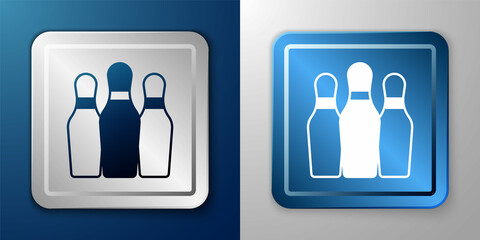 White Bowling pin icon isolated on blue and grey background. Juggling clubs, circus skittles. Silver and blue square button. Vector