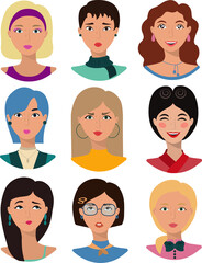 A set of portraits of girls. Avatar icons, design elements. Vector illustration.
