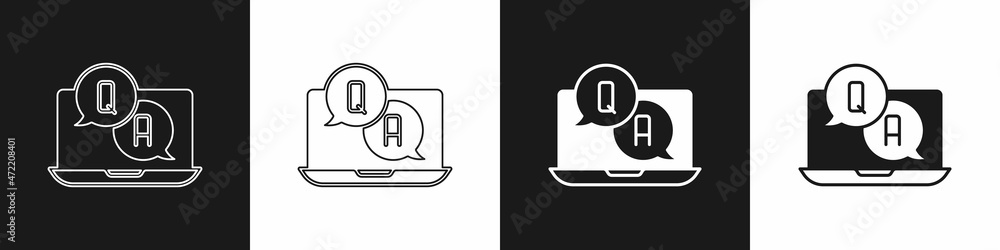 Poster set speech bubbles with question and answer icon isolated on black and white background. q and a sym