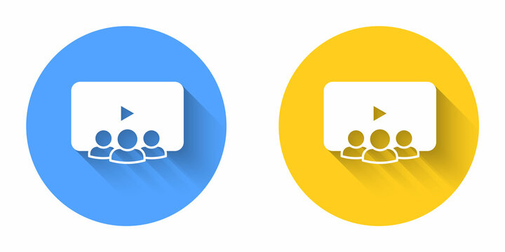 White Online class icon isolated with long shadow background. Online education concept. Circle button. Vector