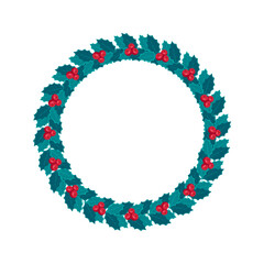 Round Christmas wreath of blue leaves and holly berries. Festive decoration for the New Year and interior decor