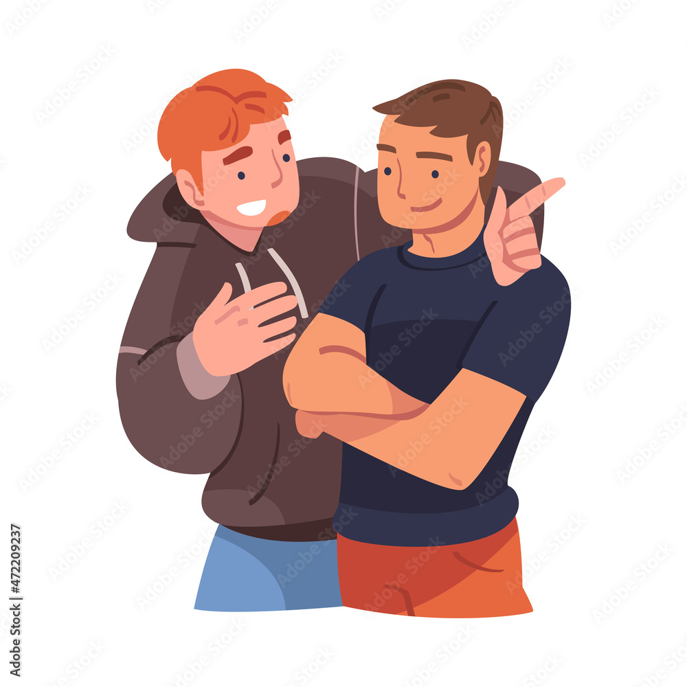 Poster man character hugging and embracing each other expressing friendly feeling vector illustration