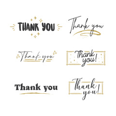 Thank You lettering compositions written with decorative calligraphic font. Bundle of gratitude phrase decorated with cute elements. Hand drawn thanks vector quotes.