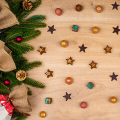 christmas background with  chocolate pralines and christmas tree  decorations
