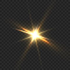 Yellow glowing flash of light on a transparent background. Vector illustration for decoration. A bright star, a flash of the sun. Glare texture.