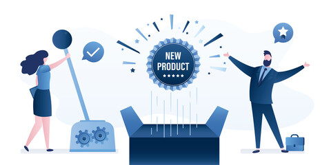 Confident businesswoman pulls lever, an open box with flying label. Male manager presenting of new product. Show of quality new goods or service. Marketing, promotion campaign.