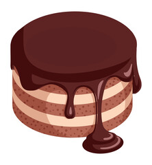 Cake with dripping chocolate frosting. Cream layers dessert.
