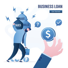 Unhappy businessman with weight of taxes, bills and debt. Hand gives loan, restructuring credit or payments. Avoid bankruptcy. Business problems, financial crisis concept.