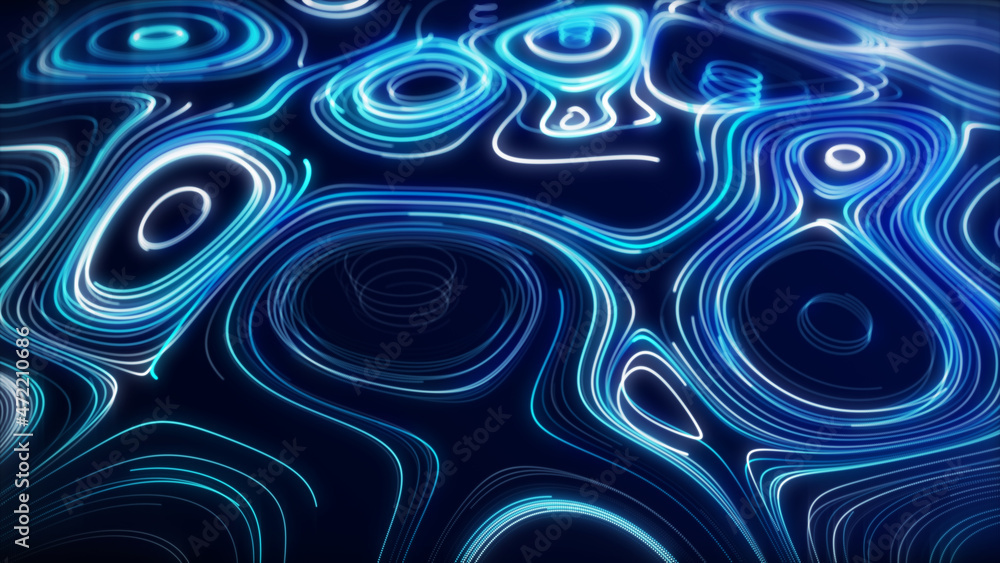 Poster a flow of smooth swirling vortices. glowing coils of turbulence on a blue background. abstract digit