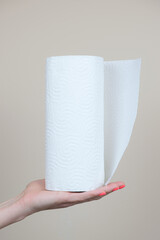 A woman's hand holds a roll of paper kitchen towels. Disposable absorbent paper towels for kitchen use, wiping surfaces, wiping hands. Vertical image