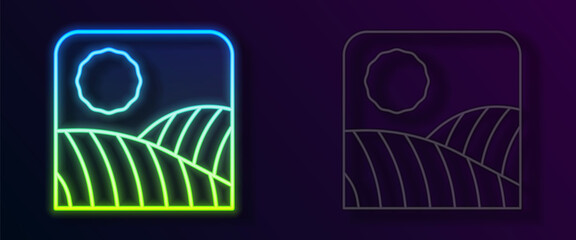 Glowing neon line Agriculture wheat field farm rural nature scene landscape icon isolated on black background. Vector