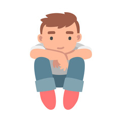 Young Man with Bended Knees Sitting and Watching at Something Vector Illustration