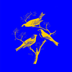 birds on branches on a blue background