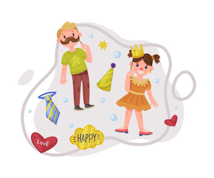 Little Boy and Girl Wearing Party Birthday Photo Booth Props Standing and Smiling Vector Illustration