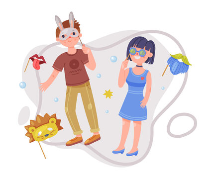 Man and Woman Character Wearing Party Birthday Photo Booth Props Standing and Smiling Vector Illustration