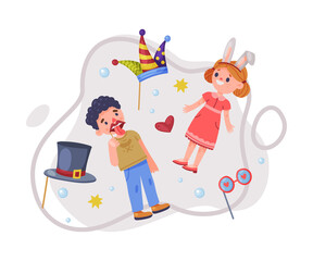 Obraz na płótnie Canvas Little Boy and Girl Wearing Party Birthday Photo Booth Props Standing and Smiling Vector Illustration