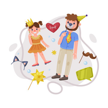 Little Girl with Dad Wearing Party Birthday Photo Booth Props Standing and Smiling Vector Illustration