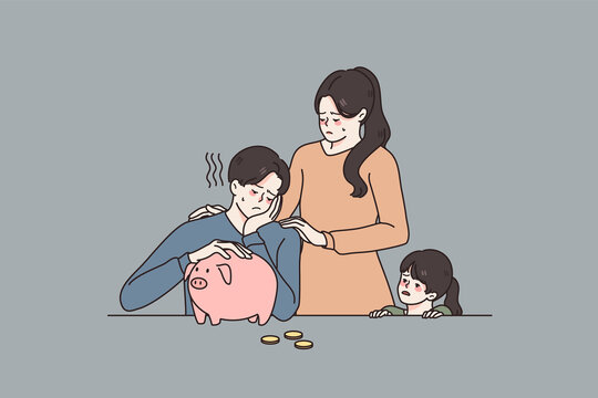 Small family budget and savings concept. Sad young mother standing hugging her son looking at empty piggybank and daughter vector illustration 