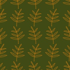 Seamless pattern orange doodle branch with leaves on a green background. For textiles, packaging, design