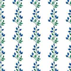 Seamless pattern green branch with leaves and blue berries on a white background. For packaging, textiles, wallpaper