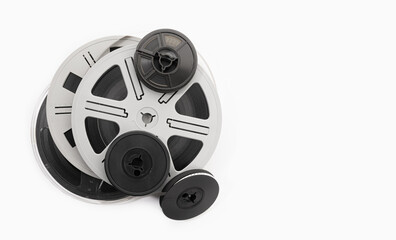 Naklejka premium Super 8 film reels isolated on white background. Copy space