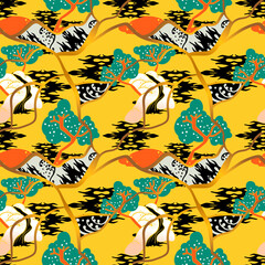 Fototapeta na wymiar Bright seamless pattern in traditional japanese style. Asian art style lanscape. Patchwork or kintsugi vibes.