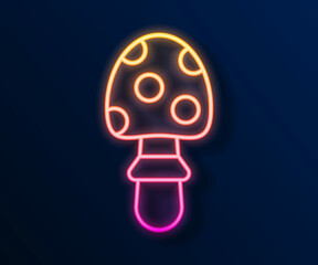Glowing neon line Amanita muscaria or fly agaric hallucinogenic toadstool mushroom icon isolated on black background. Spotted poisonous mushroom. Vector