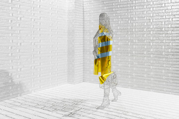 Three dimensional render of wire mesh mannequin wearing striped dress�