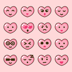 Set of cute heart shaped emoticons in doodle style. Kawaii emoji heads in the shape of hearts with different feelings and emotions. Pink heart shaped emoticon sticker set. Cute smilies.
