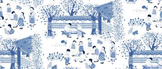 Seamless pattern illustration of Korean villagers enjoying traditional games in Korea. Design for Poster, card, picture frame, fabric, web design and print project	 - obrazy, fototapety, plakaty