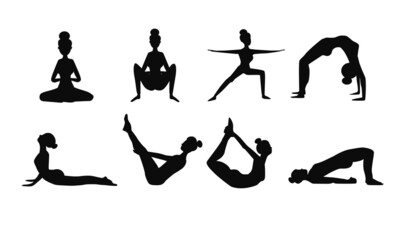Silhouettes of a slender girl, woman. Yoga exercises for stretching. Figures of a woman doing fitness exercises. A set of yoga poses.