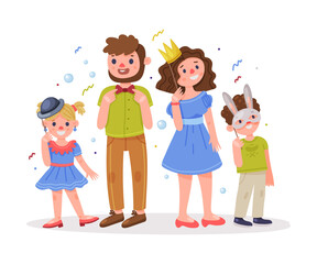 Family with Kids Wearing Party Birthday Photo Booth Props Standing and Smiling Vector Illustration
