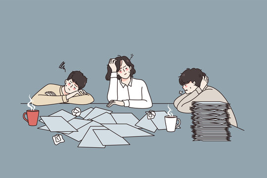 Feeling sleepy and tired concept. Group of young workers colleagues sitting with coffee at desk and heap of documents feeling sleepy and exhausted vector illustration 