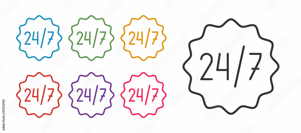 Poster set line clock 24 hours icon isolated on white background. all day cyclic icon. 24 hours service sym