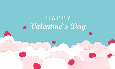 Valentine's Day on a blue background with hearts and clouds. Paper cut style.