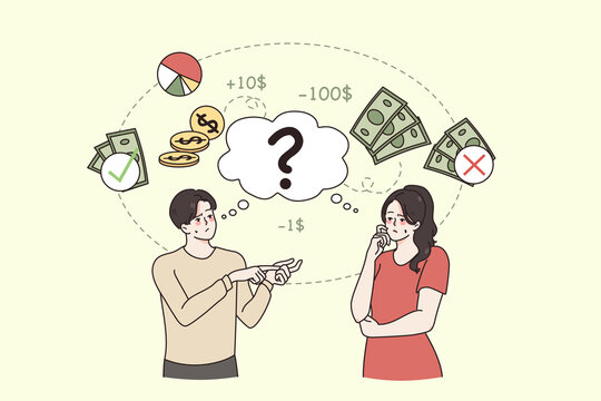 Family budget and savings concept. Young sad disappointed man and woman wife and husband standing counting finance money and feeling unhappy with lack of money vector illustration 