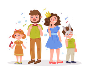 Family with Kids Wearing Party Birthday Photo Booth Props Standing and Smiling Vector Illustration