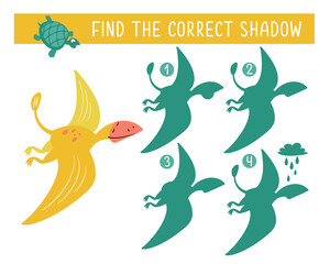 Find the correct shadow. Dino in Jurassic forest. Game for children. Activity, vector illustration.