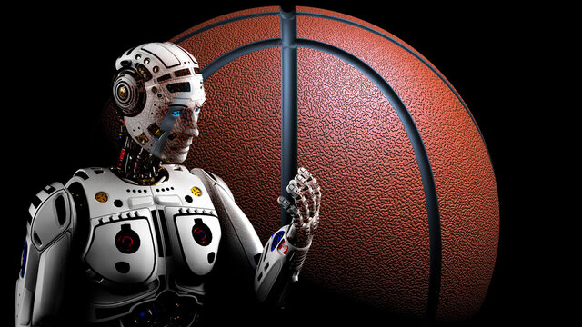 Brown leather basketball and detailed appearance of the white AI Robot. Concept image of sports technology. 3D illustration. 3D CG. 3D high quality rendering.