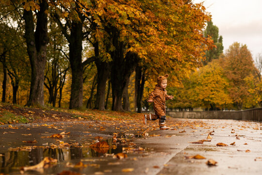 Boy with brown raincoat playing in autumn park