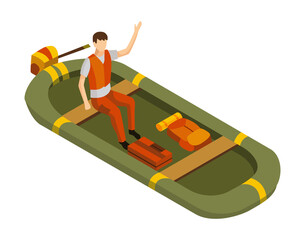 Isometric camping. Colored symbol of hiking. Icon with tool attributes or element of camp equipment. Man in boat isolated illustration