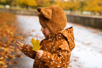 Girl wearing brown raincoat and cap holding leaf on road