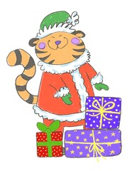 Hand drawn cartoon illustration of a cute Santa Claus tiger in a red costume and a green hat, with purple, blue and red present boxes. Christmas greeting card. Chinese New Year symbol 2022.
